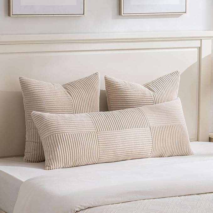 Fancy Homi 2 Packs Tan Euro Decorative Throw Pillow Covers 28x28 Inch for Living Room Couch Bed, Farmhouse Boho Home Decor, Soft Corss Corduroy Patchwork Textured Square Beige Cushion Case 71x71 cm