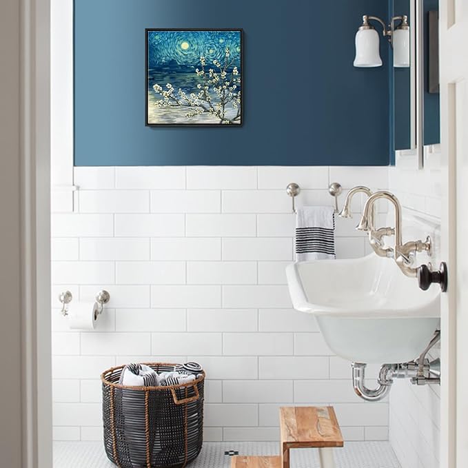 Framed Wall Art Bathroom Décor Modern Floral Tree Canvas Picture Plum Blossom Starry Night Flower Canvas Print Abstract Lake Blue Teal Yellow Painting for Modern Living Room Bedroom Office Décor Small