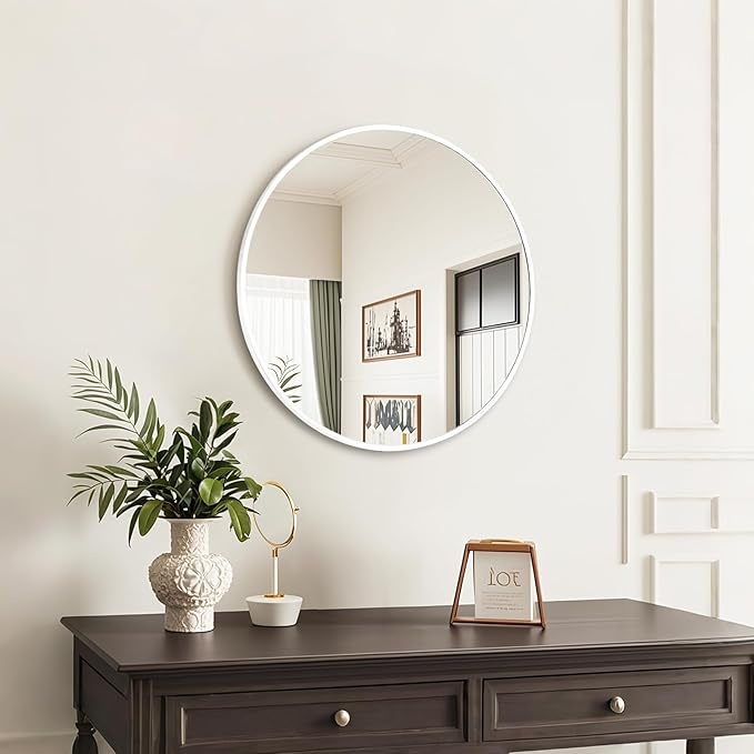 Fabuday White Circle Mirror for Wall 24 inch - Round Mirror for Bathroom, Entryway, Living Room, Hallway, Vanity Decor, Big Matte Metal Frame Mirrors