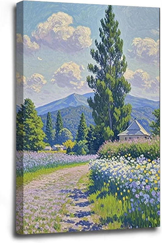 Countryside wildflowers landscape canvas poster natural plant flower artwork retro pastoral flower path suitable for farmhouse decoration