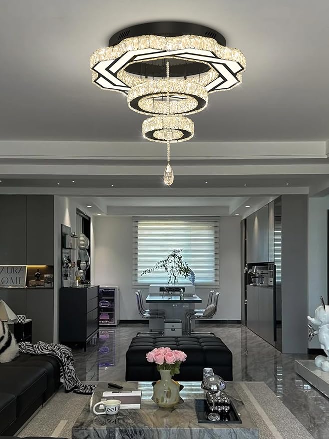 Flashing God Modern Crystal Chandeliers Dia 24" Black Chandelier Flush Mount Ceiling Light for Bedroom Living Room Dining Room Hallway Dimmable 3 Rings LED Celing Lighting Fixtures