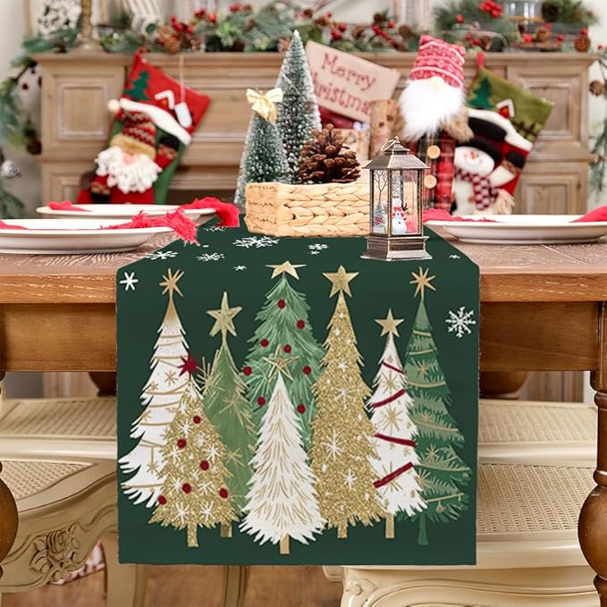 GEEORY Christmas Table Runner 13x36 Inch, Xmas Trees Snowflakes Holiday Decorative Farmhouse Table Decoration for Kitchen Dinning, Indoor Outdoor Dinner Party Decor (Green) GT152-36