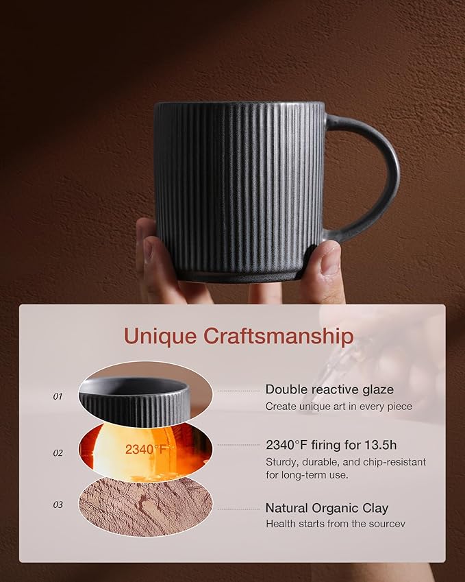 famiware Coffee Mug Set for 4, Star 12 oz Catering Mugs Cup Set with Handle for Coffee, Tea, Cocoa, Milk - Ceramic Stoneware Drinkware Set, Matte Dark Charcoal