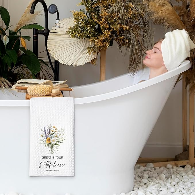 Christian Kitchen Towel, Waffle Weave Microfiber Scripture Hand Towel, Great is Your Faithfulness Bible Verse Farmhouse Decor for Kitchen Bathroom, Inspirational Gift for Women