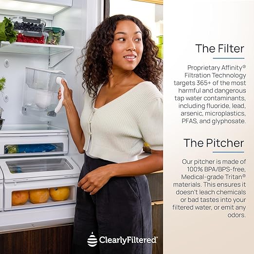 Clearly Filtered No.1 Filtered Water Pitcher/Updated Model/Targets 365+ Contaminants e.g. Fluoride Chlorine PFAS Microplastics Lead Arsenic BPA/BPS Free (Pitcher Includes 1 Filter)