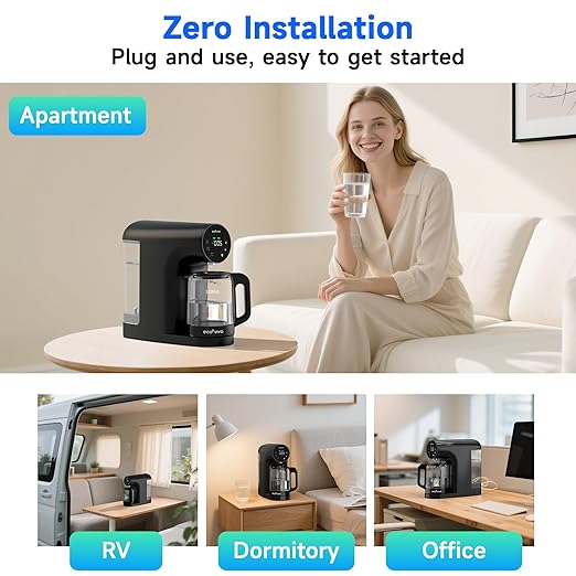 Ecoviva Countertop Reverse Osmosis Water Filter, 6 Stage RO Water Filtration System with Glass Carafe, TDS Displayr, 3:1 Pure to Drain, Portable No Installation Water Purifier Black