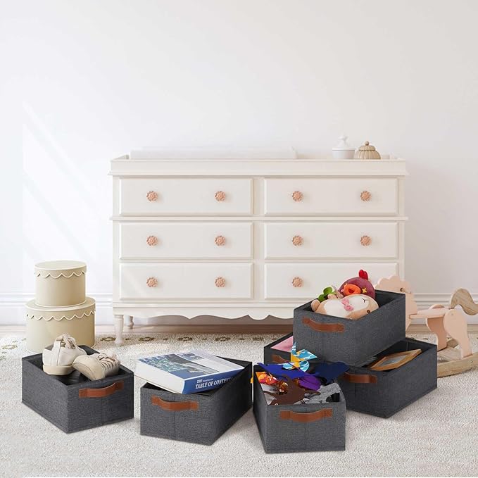 GhvyenntteS Small Fabric Storage Bins 12 Pack, 11.8" x 7.87" x 5.11" Storage Basket with Leather Handles, Closet Storage Bins for Shelves, Storage Baskets for Shelves, DVD Storage (Grey)