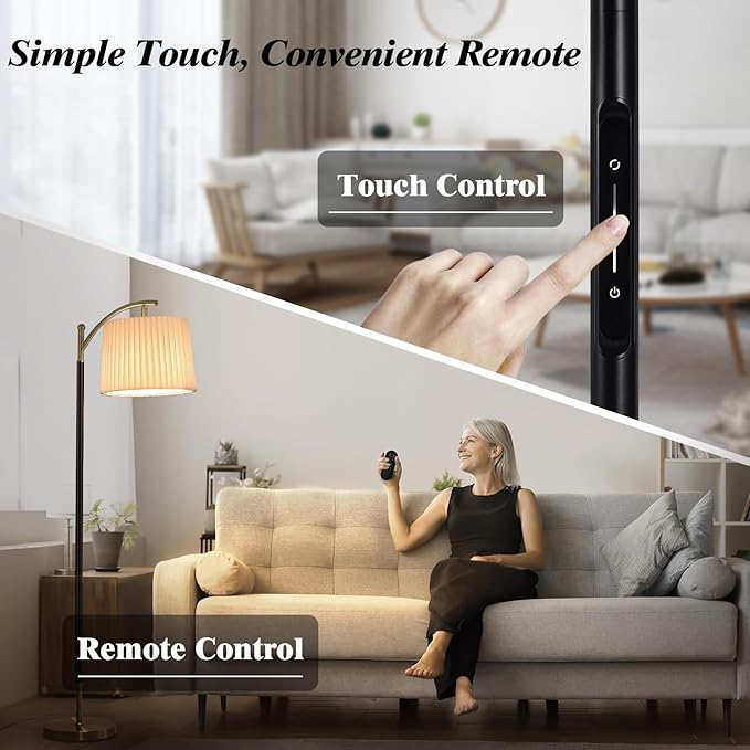 Floor Lamp, LED Floor Lamp with APP & Remote & Touch Control, Stepless Color Temperatures and Brightness, Tall Standing Lamp with Pleated Lampshade for Living Room, Bedroom, Office(Black Gold)