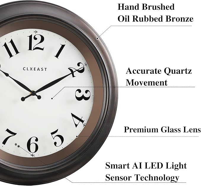 CLXEAST 18 Inch Large Illuminated Wall Clock with AI Smart Night Light Sensor,Modern Farmhouse Wall Clocks for Living Room,Bedroom,Bathroom, Kitchen, Home Office,Oil Rubbed Bronze Black