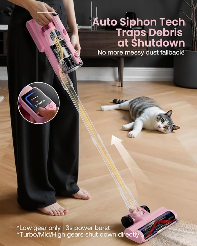 Cordless Vacuum Cleaner for Home, Upgraded 60Kpa Powerful Suction Pet Hair Vacuum with 70min Runtime, Green LED Light for Hardwood Floors & Carpet, Self-Standing Rechargeable Stick Vacuum, Pink