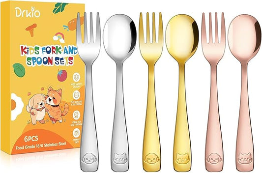 DRKIO Stainless Steel Toddler Utensils Set - 6 Pieces Kids Silverware Set Children Safe Food Grade Small Forks and Spoons Dishwasher Safe Mirror Polished