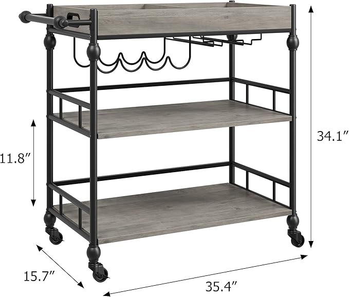 GarveeHome Bar Cart, Bar Carts for The Home, 3 Tier Serving Cart with Wheels, Home Bar & Serving Carts, Metal Rolling Cart with Wine Rack & Removable Tray for Kitchen, Dining Room, Living Room-Grey