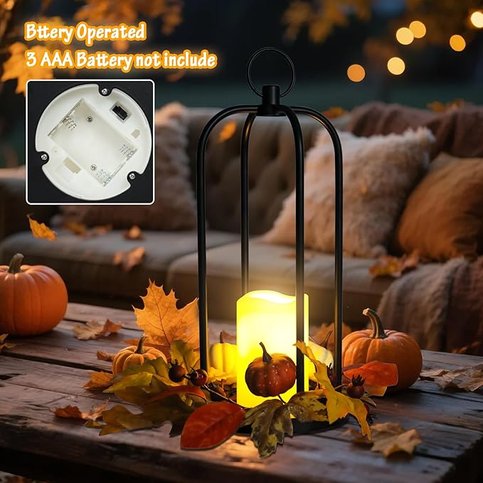 Fall Decor Lanterns Outdoor, 14" Waterproof Decorative Lantern Indoor Decor Metal Hanging Candle Holder LED Flameless Candle Lantern for Patio, Porch, 2 Packs
