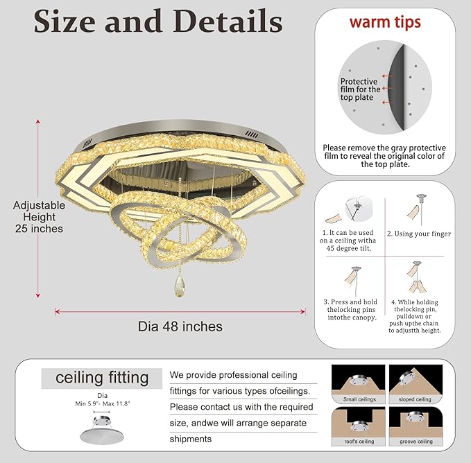 Flashing God Large Crystal Chandelier Dia 48" Silver Chandelier Flush Mount Ceiling Light for Bedroom Living Room Dining Room Hallway Dimmable 3 Rings LED Celing Lighting Fixtures