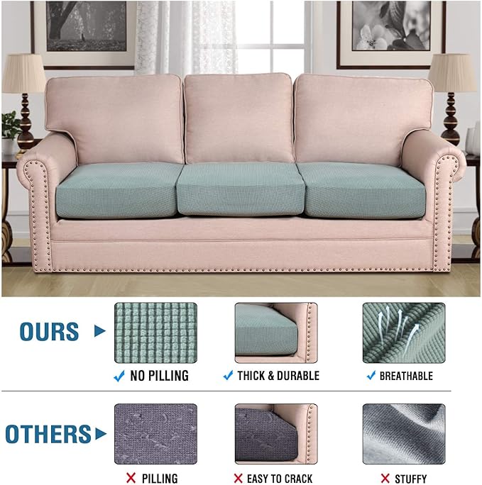 H.VERSAILTEX Super Stretch Individual Seat Cushion Covers Sofa Covers Couch Cushion Covers Slipcover Sets Thick Jacquard Textured Twill Fabric (3 Piece Sofa Cushion Covers, Sage)