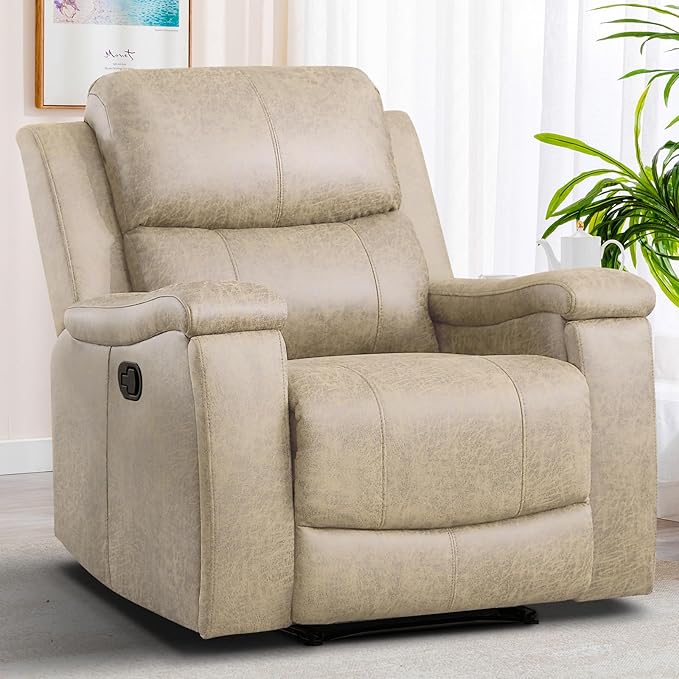 EBELLO Recliner Chair, Single Overstuffed Sofa Recliner, Breathable Faux Leather Manual Reclining Chairs with Hidden Cup Holder, Arm and Back for Adults, Living Room, Bedroom, Beige