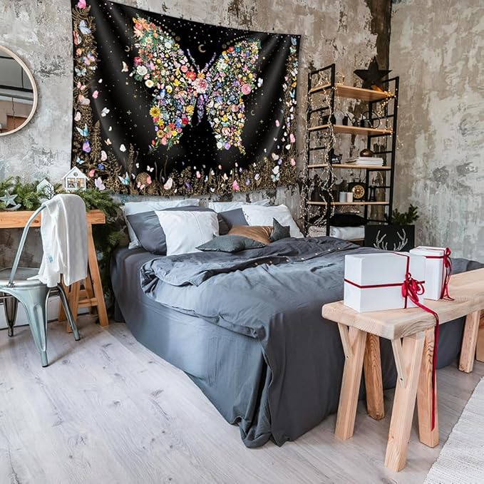 Damanse Butterfly Tapestry Wall Hanging Cute,Boho Wall Tapestry for Bedroom Aesthetic,Flower Living Room Decor for Teen Girls (Black, 49.20" x 59.10")