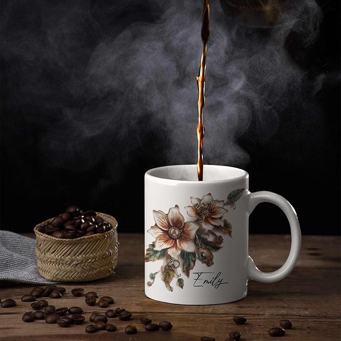 Customized Name Coffee Cup, Custom Steampunk Floral Design Cup, Personalized Flower Lover Ceramic Cup 11oz, White Mug Gift For Floral Enthusiasts, Steampunk Flower Cup For Birthday