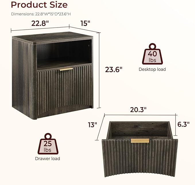 Fluted Nightstand, Dark Grey Bedside Table with Drawer and Storage, Wood End Table Mid Century Modern, Large Night Stand for Bedroom