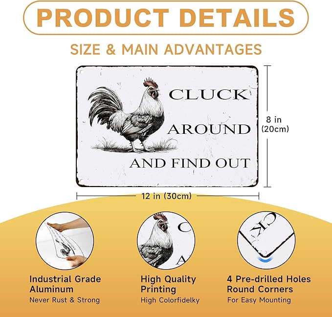 Funny Chicken Coop Sign "Cluck Around & Find Out" Vintage Metal Tin Sign 8x12 Inch - for Farmhouse Kitchen Decor,Chicken Coop Accessories,Barn,Rustic Home & Garden Wall Art with Hanging Holes