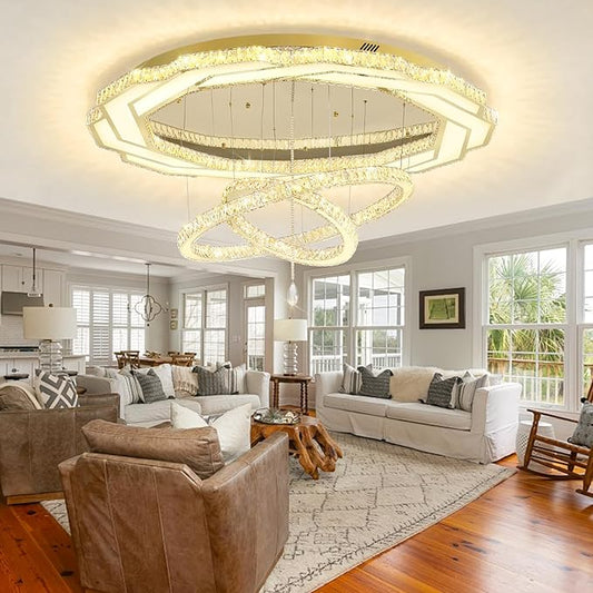 Flashing God Extra Large Chandelier Dia 55" Gold Chandeliers Flush Mount Chandelier for Living Room Bedroom Dining Room Hallway Dimmable 3 Rings Chandeliers