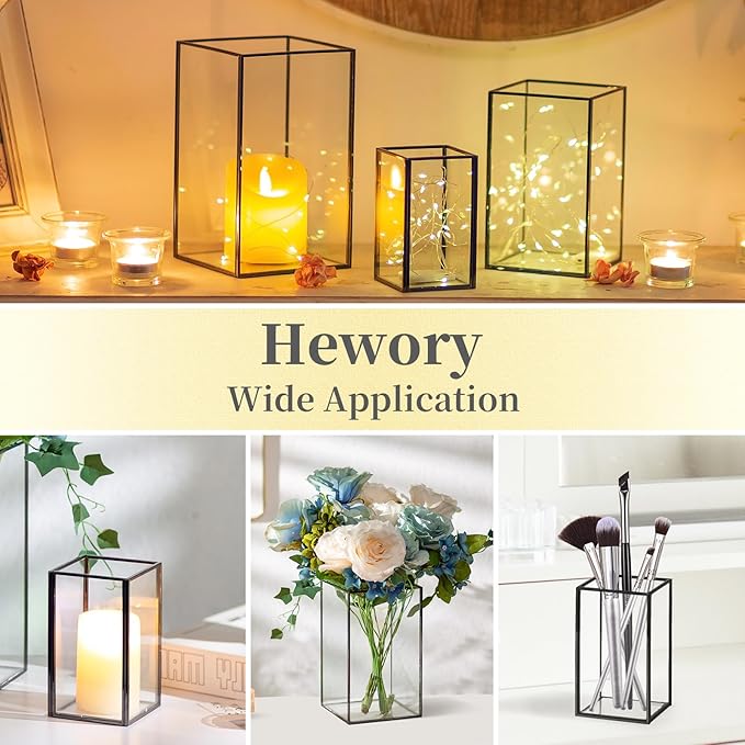 Glass Hurricane Candle Holder Large - Hewory 18pcs Black Rectangle Flower Holders Centerpiece for Table, Tall Floor Square Pillar Candle Lantern for Wedding, Anniversary, Party, Fireplace, Dining Room