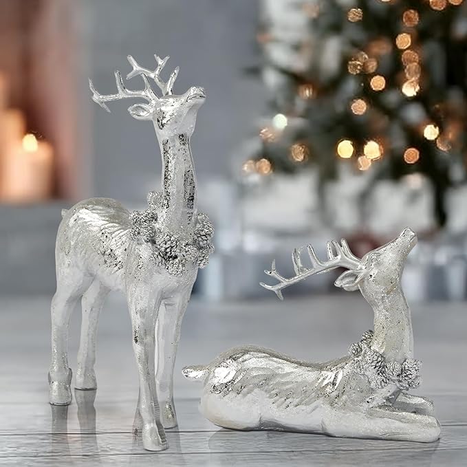 DN DECONATION Christmas Reindeer Figurines, Winter Deer Small Statues Decor, Silver Decorative Reindeer Sculptures, Resin Xmas Holiday Home Décor Accents for Office Living Room & Bedroom 2PCS