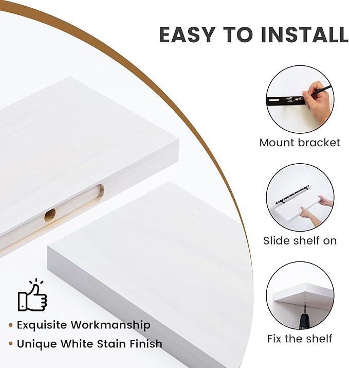 Floating Shelves 36 Inches Long - 8 Inch Deep Rustic Premium Solid Pine Wood for Storage - Farmhouse Wall Mounted for Living Room - Heavy-Duty Metal Bracket - 36" W x 8" D - Set of 2 - White Color