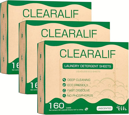 CLEARALIF Laundry Detergent Sheets (480 Loads), Unscented,Great For Travel, Apartments, Dorms, Laundry Detergent Strips Eco Friendly & Hypoallergenic (Pack of 3)