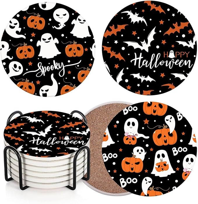 Coaster for Drinks Set of 6, Halloween Ghost Pumpkins Bats Holiday Black Absorbent Round Ceramic Stone Mat, with Cork Base and Metal Holder, Gift for Housewarming Room Bar Decor