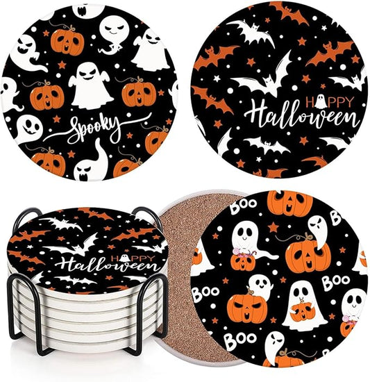 Coaster for Drinks Set of 6, Halloween Ghost Pumpkins Bats Holiday Black Absorbent Round Ceramic Stone Mat, with Cork Base and Metal Holder, Gift for Housewarming Room Bar Decor