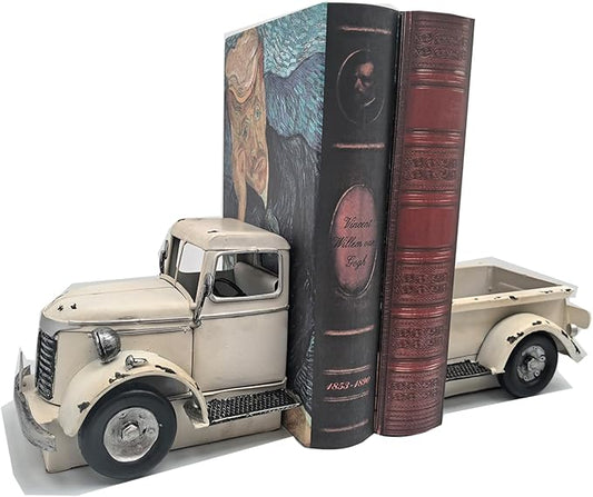 Decorative Book Ends Vintage Bookends: Metal Truck Book Stopper for Heavy Books - Farmhouse Decor for Shelf Table Coffee Bar Office Home - Gift for Adults Men Teen (Vintage White)