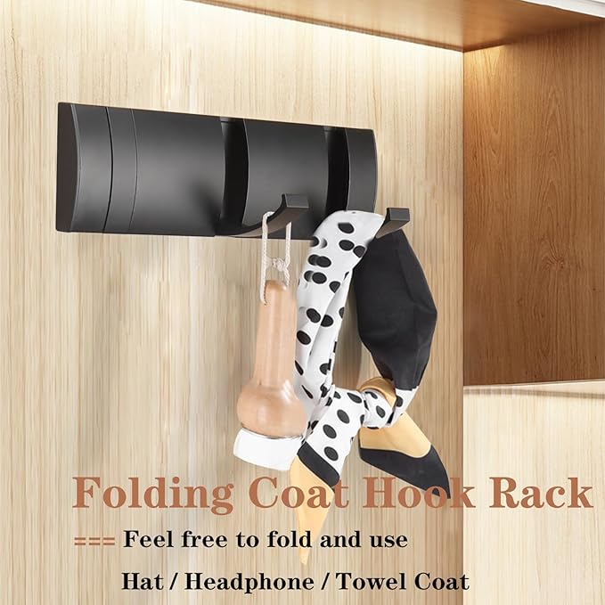 Folding Coat Hooks, Wall Mounted Coat Rack with 3 Retractable Hooks, Heavy Duty Towel Rack for Bathroom Wall Hook for Hanging Clothes Bathrobe, Stainless Steel Coat Hanger for Entryway(Black)