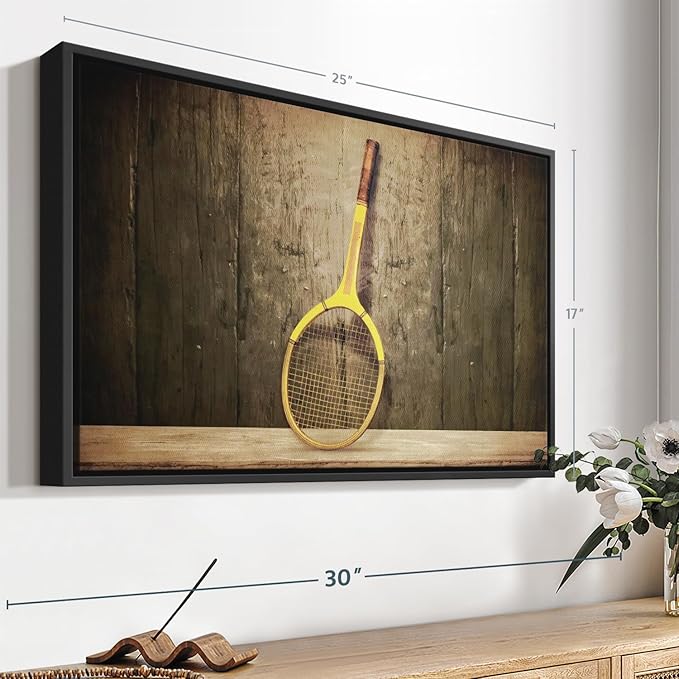 ElephantStock Vintage Tennis Racket Wall Art - Horizontal Framed Canvas - 1-Piece Living Room Wall Decor - Photography Sports Canvas Print - Brown and Black Decor for Wall - 25" X 17"