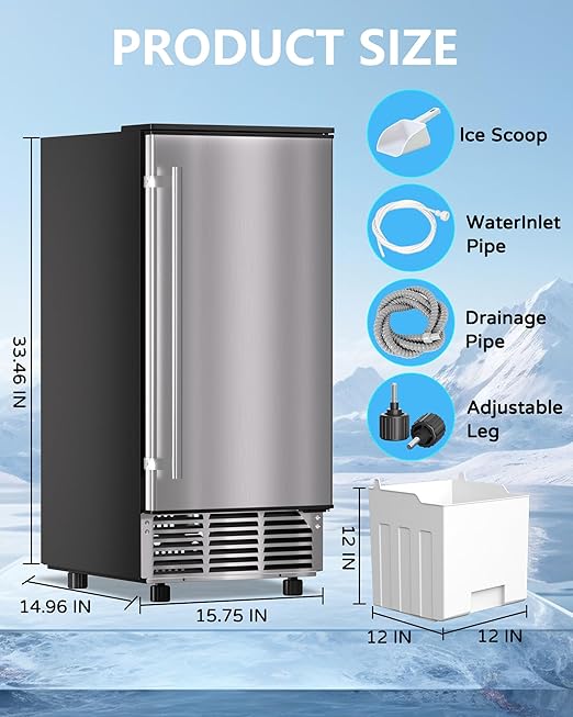 Commercial Ice Maker Machine Reversible Door 120LBS/Day, Undercounter Ice Makers 30LBS Storage Bin and 40 Ice Cubes, Icemaker Machine Brushed Metal with Water Line, Ice Scoop