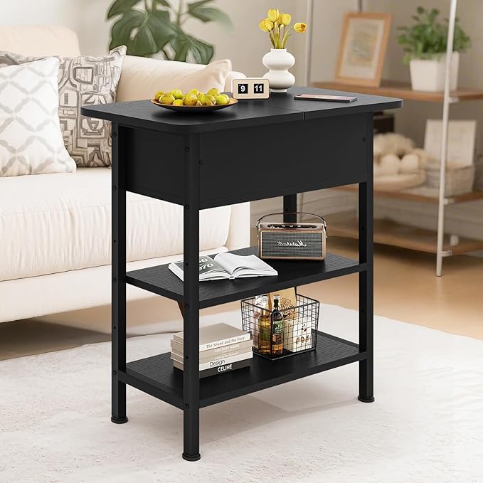 End Table with Charging Station, Flip Top Side Table with USB Ports and Outlets, 3-Tier Small Side Table with Storage for Small Space, End Tables for Living Room/Bedroom, Black