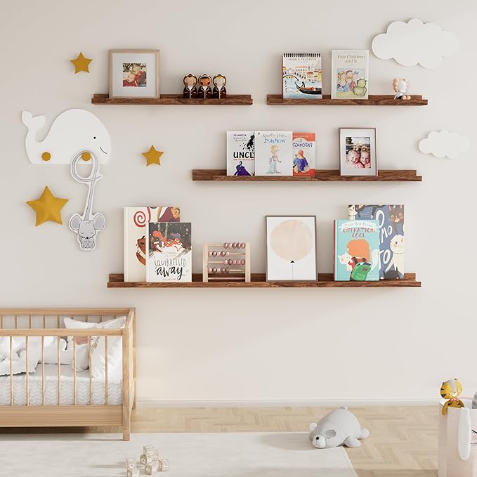 Fun Memories Picture Ledge Shelf, 48 Inch Floating Shelves Set of 2, Large Nursery Book Shelves for Toys Storage, Kids Bookshelf Wall Mounted for Wall Decor Books Photo Frames, Walnut