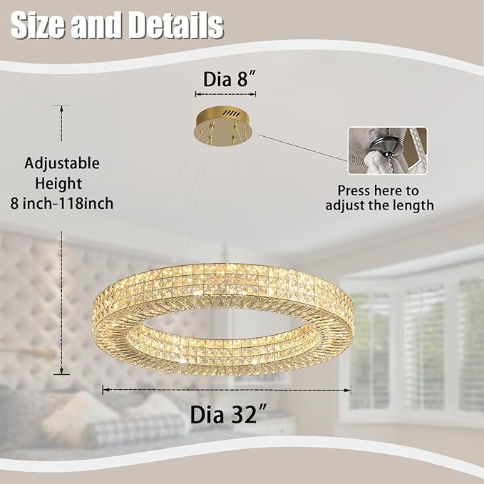 Dia 32" Ring Crystal Chandelier Modern Gold Chandelier Adjustable Height Luxury Crystal Pendant Ceiling Light Fixture for Dining Living Room Bedroom