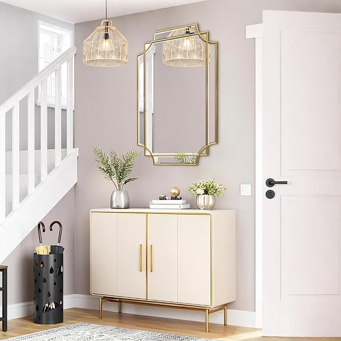 Gold Mirror for Wall, 36x24 Gold Wood Framed, Scalloped Beveled Polished Rectangle Mirror, Large Decorative Mirrors for Wall Decor, Irregular Mirror for Living Room, Bathroom Vanity, Entryway