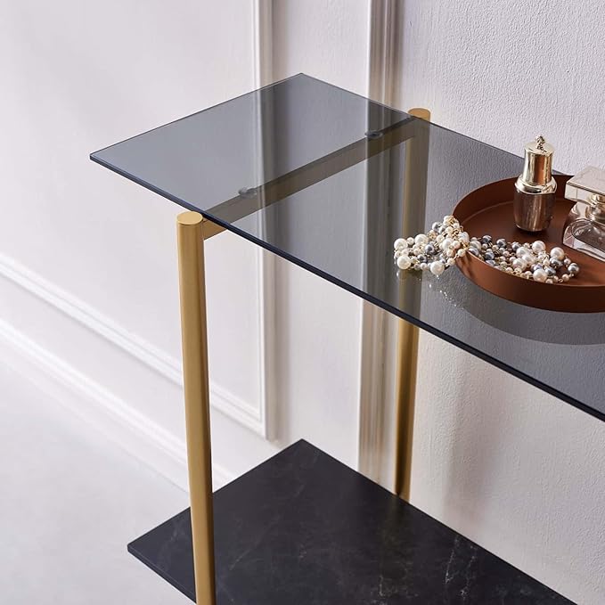 Glass Console Table for Living Room, Foyer & Entrance, 2-Tiers Mid-Century Modern Sofa Table with Grey Glass Top, Black Marble Finish Wood Shelf and Gold Finish Frame