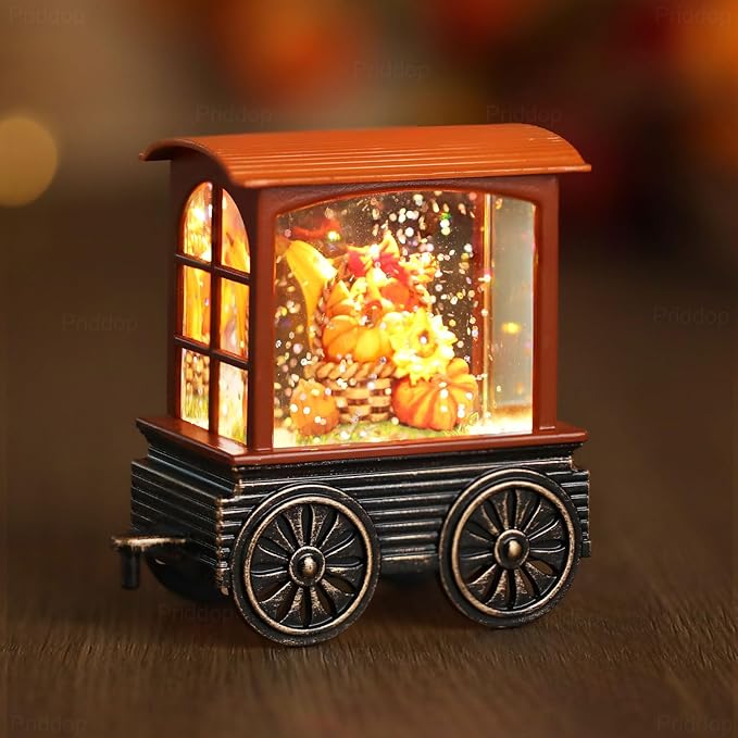 Fall Snow Globe Train Gnome Turkey Pumpkin Classic Relief Texture Battery Powered LED Glitter Fall Decorations for Home Autumn Harvest Thanksgiving Gifts