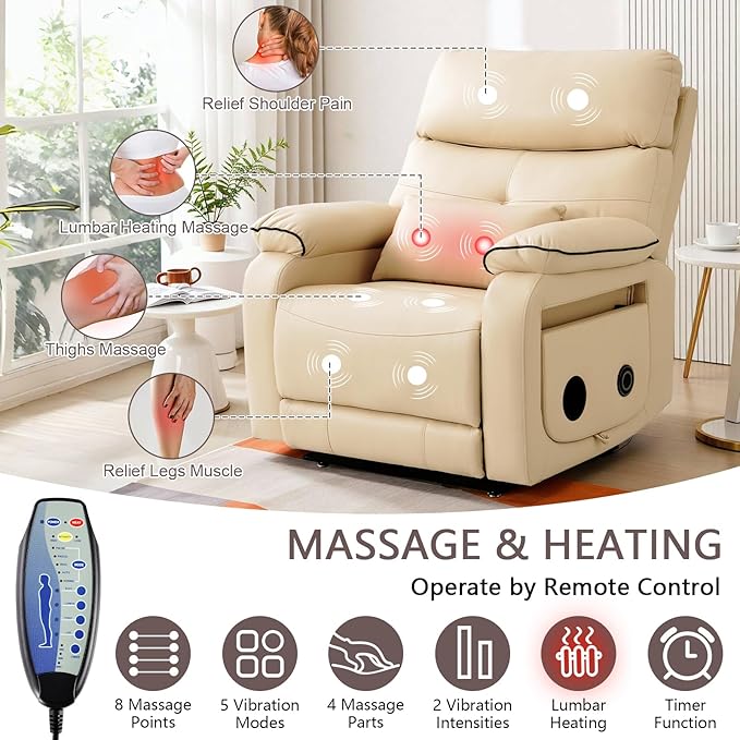 Dual Motor Power Lift Recliner Chair for Adult & Elderly, Infinite Position Lay Flat Lift Chair with Heat & Massage, Cup Holder, Lumbar Pillow, Wireless Charger, USB Ports, Leather (Beige)