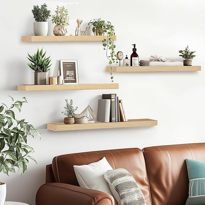 Floating Wall Shelves 4-Pack - Rustic Wood 16-inch Wooden Wall Shelves for Storage and Décor, Multi-Functional and Easy to Install for Living Room, Bedroom, and Kitchen