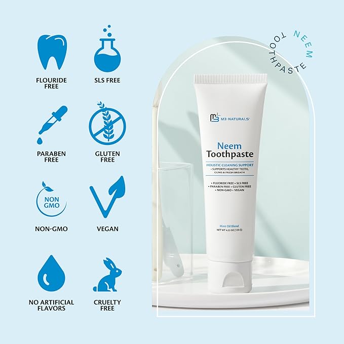 Fluoride-Free Neem Toothpaste with Mint for Adults & Kids with Sensitivity | Vegan, Gluten & SLS Free Herbal Formula for Sensitive Teeth, Healthy Gums and Fresh Breath, 4.23 oz (120g) Pack of 3 by M3