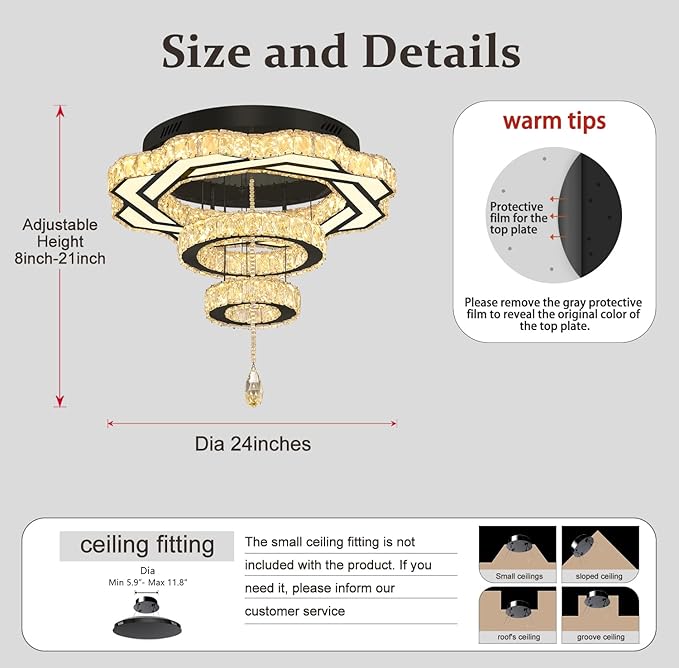 Flashing God Modern Crystal Chandeliers Dia 24" Black Chandelier Flush Mount Ceiling Light for Bedroom Living Room Dining Room Hallway Dimmable 3 Rings LED Celing Lighting Fixtures