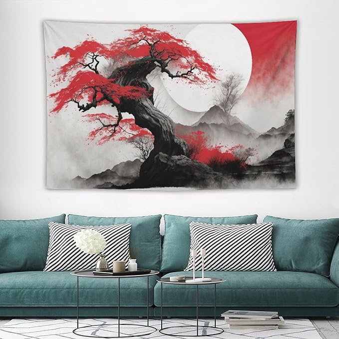 Cherry Blossoms Tapestry, Japanese Red Landscape Asian Watercolor Abstract Art, Bedroom Living Room Decor 90"x60"