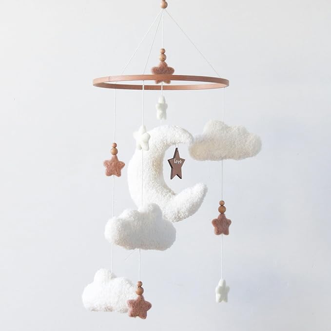 Cloud Moon Crib Mobile Cloud Baby Mobile for Crib Neutral Boho Clouds and Stars Moon Mobile Boucle Mobile, coffee 3