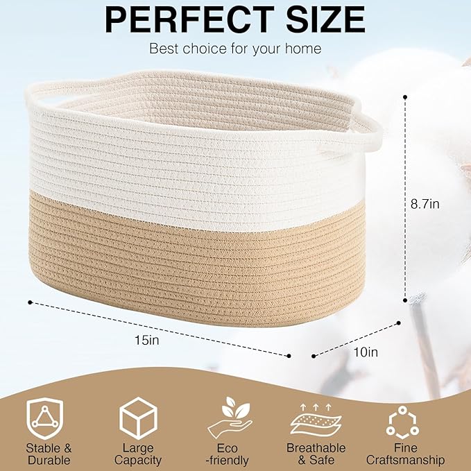 Cotton Rope Woven Storage Basket, Used for Baby Hamper Toy Organizer, Gift Baskets Empty,Kids Laundry Basket,Baby Blanket Storage. Size 15x10x8.7 Inches. (White&Khaki-3PCS)
