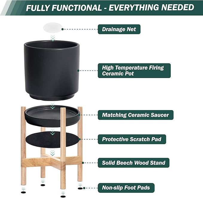 D'vine Dev Ceramic Planter with Natural Stand - 8 Inch Modern Round Flower Pot with Wood Planter Holder, Black, 55-B-N-2