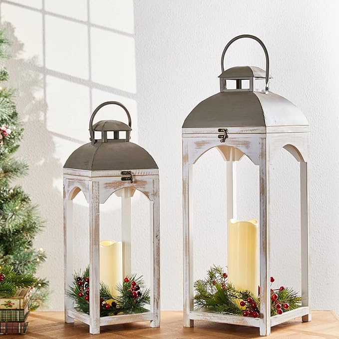 Glitzhome Set of 2 Mondern Farmhouse Wood Metal Lanterns Decorative Candle Lanterns, White (No Glass)